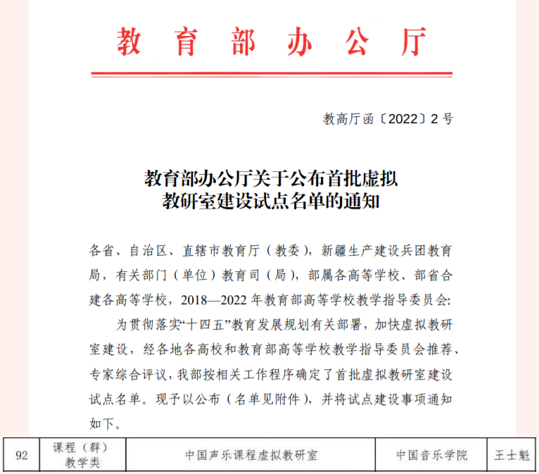 喜报 | 我校“中国声乐课程虚拟教研室”入选教育部首批虚拟教研室建设试点名单